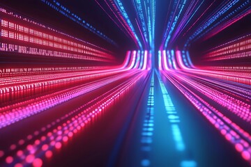 Digital data stream tunnel with glowing neon lights, technology and data concept