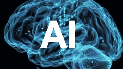 Poster - Translucent Blue Brain Graphic with Interconnected Nodes and White Ai Text on Black Backdrop