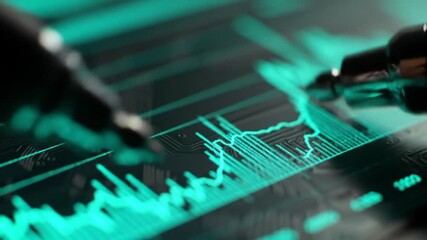 Poster - Turquoise Financial Graph Displays Data Trends on Screen with Black Pen for Finance and Business Analysis Illustration