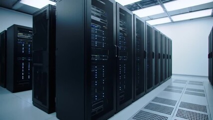 Poster - Well Lit Server Room Interior Featuring Black Racks Data Storage On White Grid Floors Under Bright Ceiling Lights