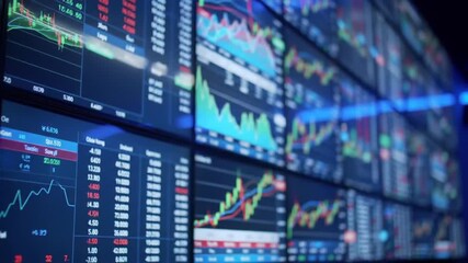 Poster - Wall of Screens Displaying Stock Market Charts and Financial Data in Deep Blue with Red Green and White Colors