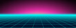 © RDVector - Neon grid game bg with 3D 80s retro cyberpunk purple patterns. Synthwave floor lights and arcade laser effects for virtual spaces. Futuristic wireframe glow vaporwave textures for metaverse.