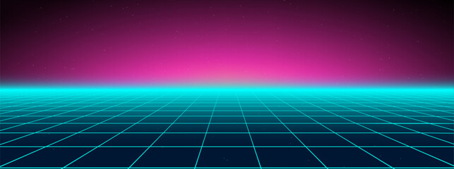 Poster - Neon grid game bg with 3D 80s retro cyberpunk purple patterns. Synthwave floor lights and arcade laser effects for virtual spaces. Futuristic wireframe glow vaporwave textures for metaverse.