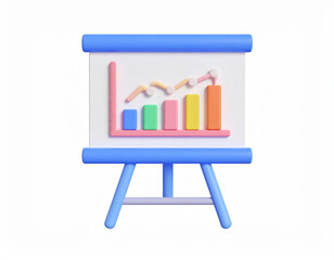 Poster - 3d rendered illustration of a colorful bar graph with a trend line displayed on a presentation board isolated on a white background.