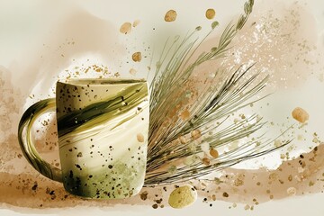 Poster - Ceramic mug with unique swirl design and natural elements displayed in tranquil setting