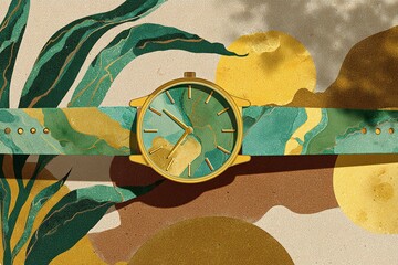 Poster - Beautiful green and gold watch displayed on artistic background with abstract shapes and leaves