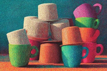 Aufkleber - Colorful stacked cups create an artistic arrangement on a vibrant surface in an indoor setting during daylight