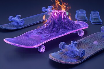 Poster - Skateboards featuring a digital volcano design in a vibrant and imaginative environment