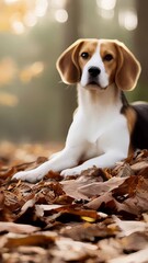 Wall Mural - soft furred beagle resting on golden autumn leaves, nestled in woodland setting, enjoying peaceful m