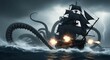 © Mr.atungs - A colossal kraken attacks a sailing ship during a stormy sea, with lightning illuminating the dark sky and the ship firing cannons in defense.