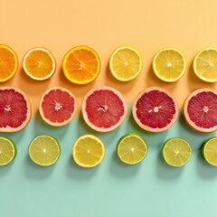 Poster - Vibrant Citrus Fruits Arranged in a Geometric Pattern Against a Soft Pastel Background in a Creative Display of Colors and Shapes