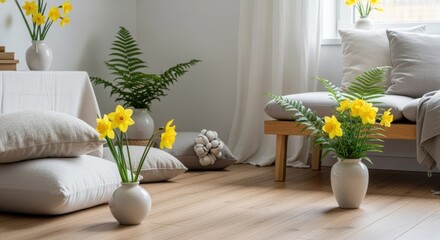 Leinwandbilder - Minimalist springinspired living area with interplay of natural wood cozy textiles and bright botanical elements.