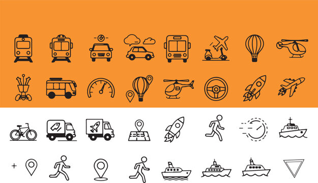 Black and white transportation icons representing various modes of travel and movement on orange background