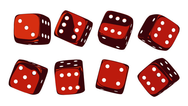 Red dice set on isolated background. Random rolling dice cubes. Glossy roll cubes for gamble games. 3d rendering