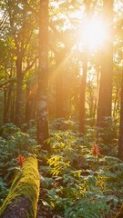 Wall Mural - warm sunlight streaming through forest canopy, highlighting verdant moss covered woodland floor and 