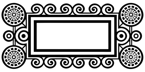 Fototapete - An elegant matte black rectangular border showcases spiraled floral patterns intertwined with maze like geometric designs on a transparent backdrop, silhouette