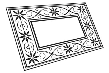 Poster - Refined matte black rectangular picture frame with intricate floral and geometric designs graces a clean white background, perfect as a decorative accent, silhouette