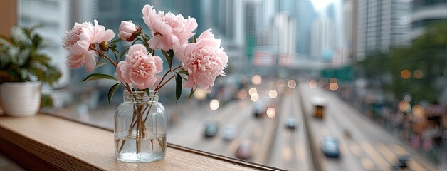 Poster - Pink peonies elegantly arranged in a glass vase, bringing color to a lively street infused with natural light
