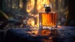 © ndandut - Amber perfume bottle, bathed in golden sunlight, sits on a mossy rock in a misty forest