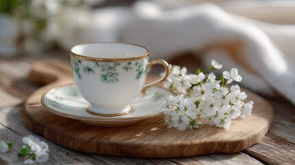 Poster - Porcelain tea cup with floral patterns rests on an old wooden tray beside cherry blossoms, all illuminated by soft morning light