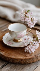 Poster - Porcelain tea cup with floral patterns rests on an old wooden tray beside cherry blossoms, all illuminated by soft morning light