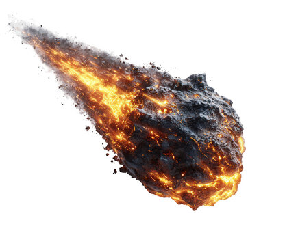 A fiery asteroid streaks through space, burning intensely as it falls, isolated on transparent background