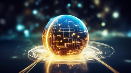 Poster - Futuristic Digital Sphere - This visually striking video features a glowing digital sphere surrounded by swirling light patterns.
