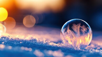 Poster - A close-up of a frozen soap bubble resting on snow, showcasing intricate frost patterns at sunset