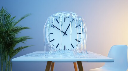 Poster - A surreal clock melting on a table, symbolizing the fluidity of time in a modern interior setting