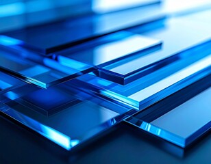 Fototapete - Stacked transparent blue glass layers create a modern depth and perspective effect with subtle light reflections.