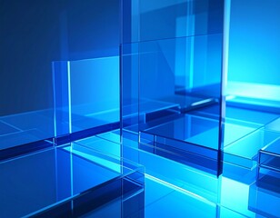 Fototapete - Stacked transparent blue glass layers create a modern depth and perspective effect with subtle light reflections.
