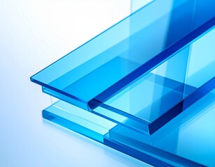 Fototapete - Stacked transparent blue glass layers create a modern depth and perspective effect with subtle light reflections.