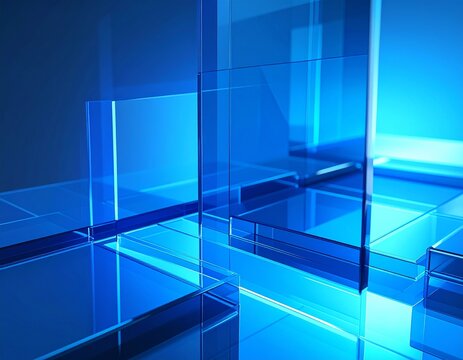 Stacked transparent blue glass layers create a modern depth and perspective effect with subtle light reflections.