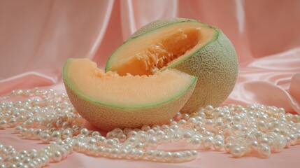 Poster - Soft Still Life Featuring Cantaloupe Slices Surrounded by Pearls on a Pastel Pink Fabric Background