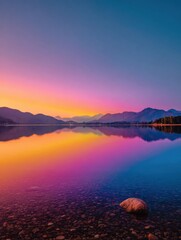 Aufkleber - Pride Colors Reflect on Tranquil Lake During Sunset, Creating a Serene Atmosphere With Subtle Mountains in the Background
