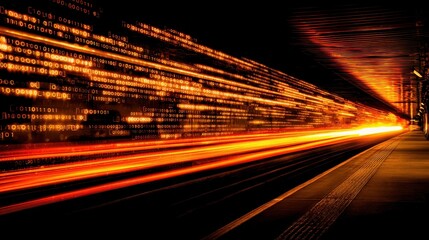 Poster - Dynamic motion blur of train lights racing through a modern urban station at night