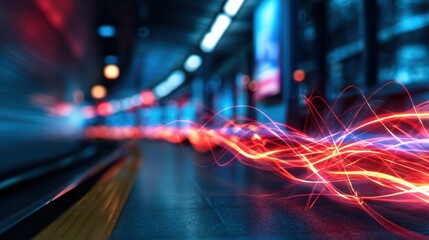 Poster - Abstract light trails illuminate a subway station platform, showcasing motion and urban energy