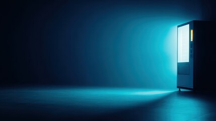 Poster - A sleek vending machine illuminated in a dark room, casting a blue glow on the surroundings