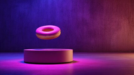 Poster - Floating donut on a illuminated pedestal in a vibrant, colorful studio setting