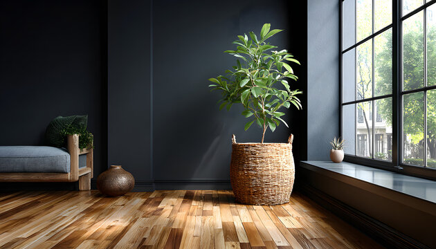 Empty modern room with black wall wooden floor. Interior 3D rendering. Green plant in pot near window. Minimalist style apartment design, studio space. Home decor element with copy space for product