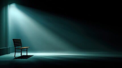Poster - A solitary wooden chair illuminated by a beam of light in a dark, empty room