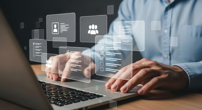 Person interacting with digital interface displaying data hands laptop