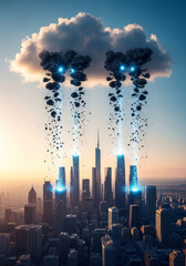 Poster - Data Cleansing: Cityscape Renewal - Data streams cleanse a futuristic city, symbolizing system optimization, efficiency, progress, innovation, and renewal. Clean data powers the urban landscape