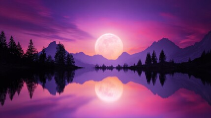 Wall Mural - Majestic full moon rising over tranquil lake with vibrant purple and pink skies at dusk