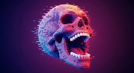 Poster - Skull in Vivid Hues - A vibrant, pixelated skull screams against a deep purple background. Symbolizing mortality, technology, art, the macabre, and transformation