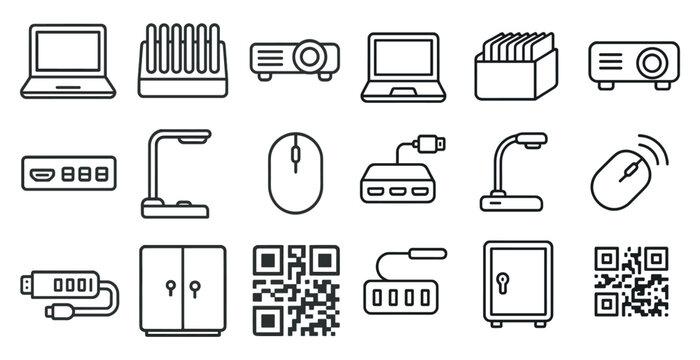 Collection of computer peripherals and accessories. The image is a collection of icons that represent various computer peripherals and accessories
