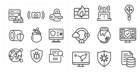 Poster - Set of icons for various computer and security related items. The icons include a key, a camera, a computer monitor, a keyboard, a mouse, a fire hydrant, a shield, a lock, a wallet, a book