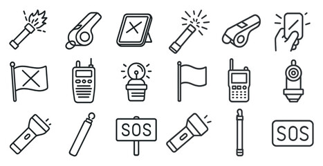 Poster - Collection of icons for various devices and tools, including a flashlight, a cell phone, a whistle, and a sign that says 
