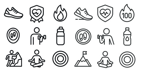 Poster - Collection of fitness icons including a heart, a bottle, a person holding a bottle, a person holding a cup, a person holding a water bottle, a person holding a water bottle with a flag, a person hol