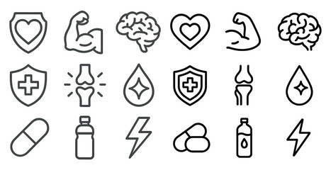 Poster - Collection of medical icons including a heart, a brain, a bone, a kidney, a lung, a muscle, a pill, a bottle, a syringe, a shield, a cross, and a star